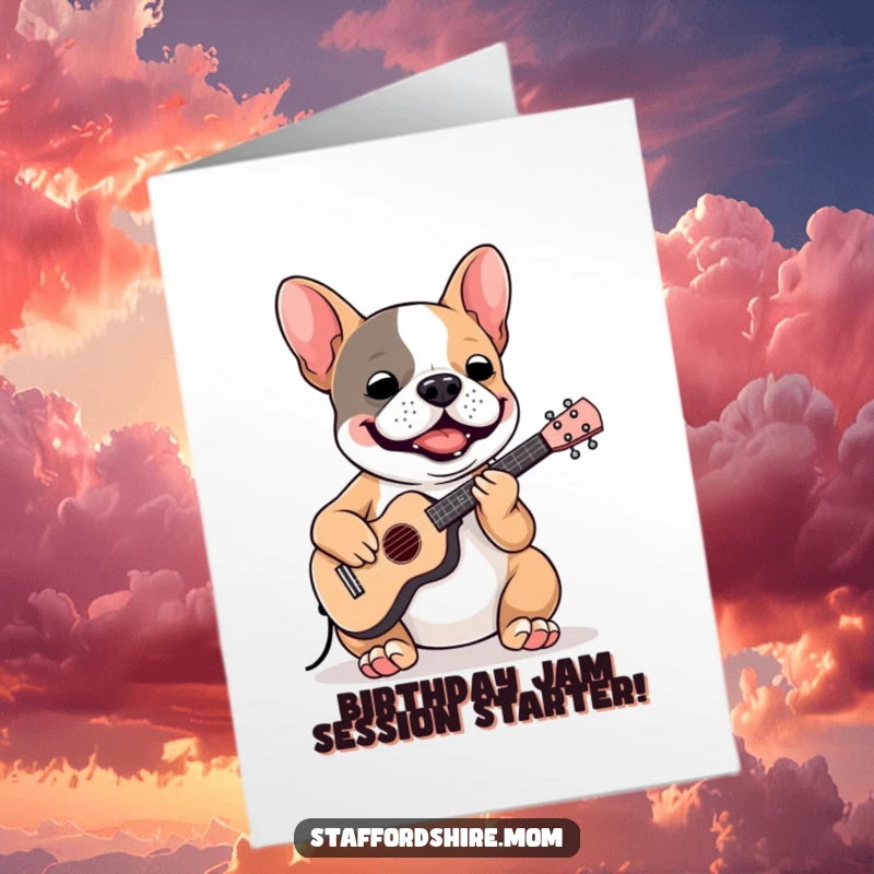 Funny Free Printable Birthday Card: A Staffordshire bull terrier enthusiastically playing a tiny ukulele with musical gusto.