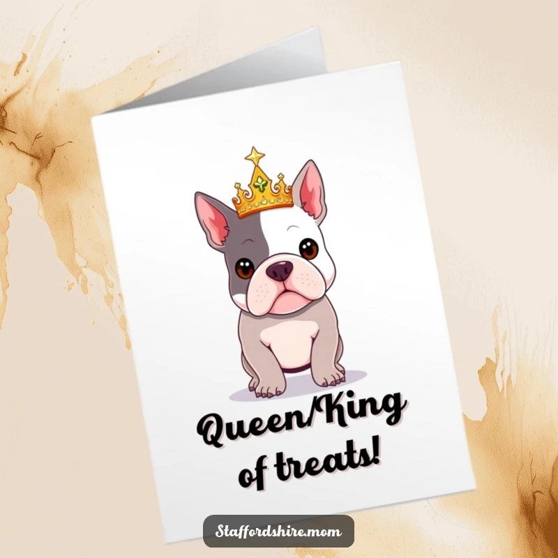 Funny Free Printable Birthday Card: Majestic Staffordshire Bull Terrier wearing a sparkly crown, posing regally.