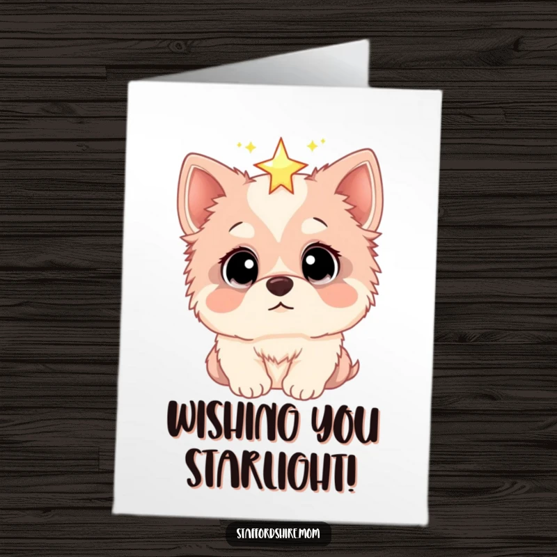 Funny Free Printable Birthday Card: A Staffordshire with wide, amazed eyes gazes up at a single, sparkling star.
