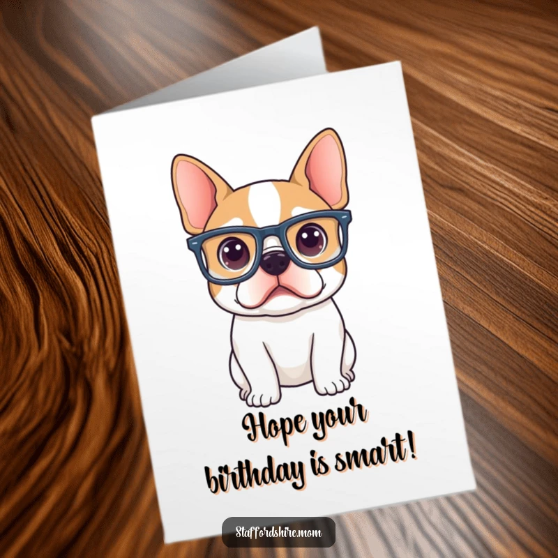 Funny Free Printable Birthday Card: A Staffordshire terrier looks extra curious wearing comically oversized glasses, perfect for a brainy birthday wish.