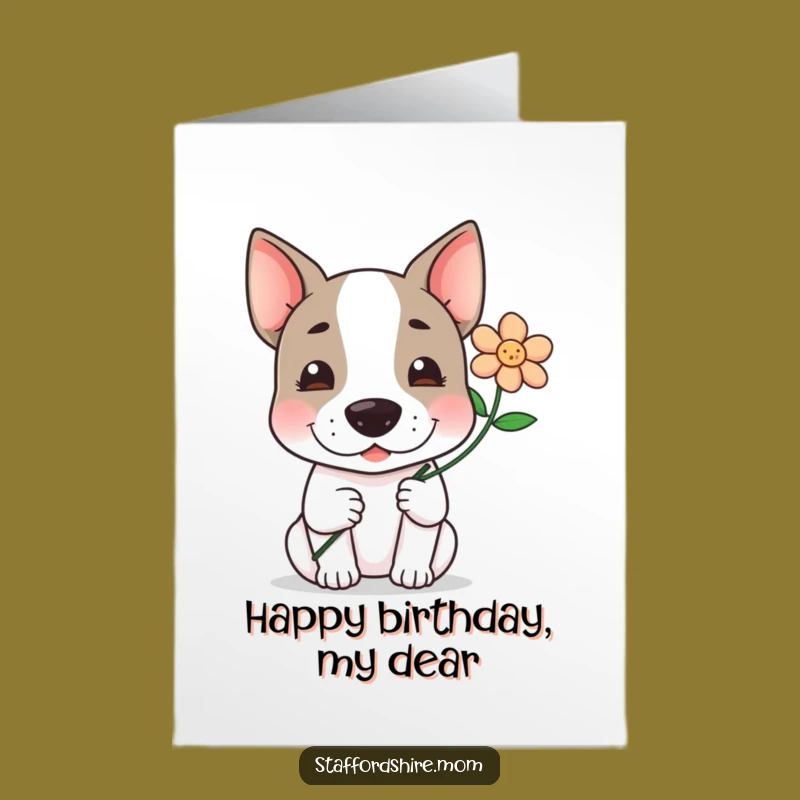 Free Printable Funny Staffy Birthday Card: Flower Gift Surprise Downloadable Gift