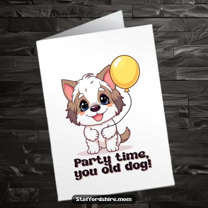 Funny Free Printable Birthday Card: Goofy Staffordshire dog grinning widely while holding a colorful balloon, ready for a celebration.