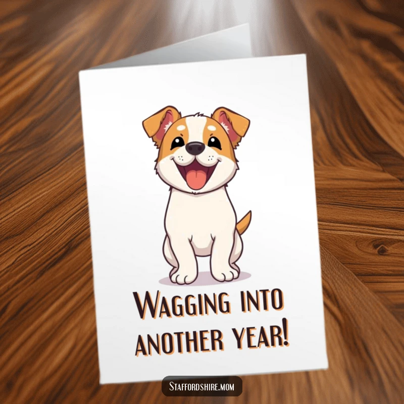 Funny free printable Kawaii Staffordshire dog card, wagging its entire body with extreme excitement for a birthday celebration.
