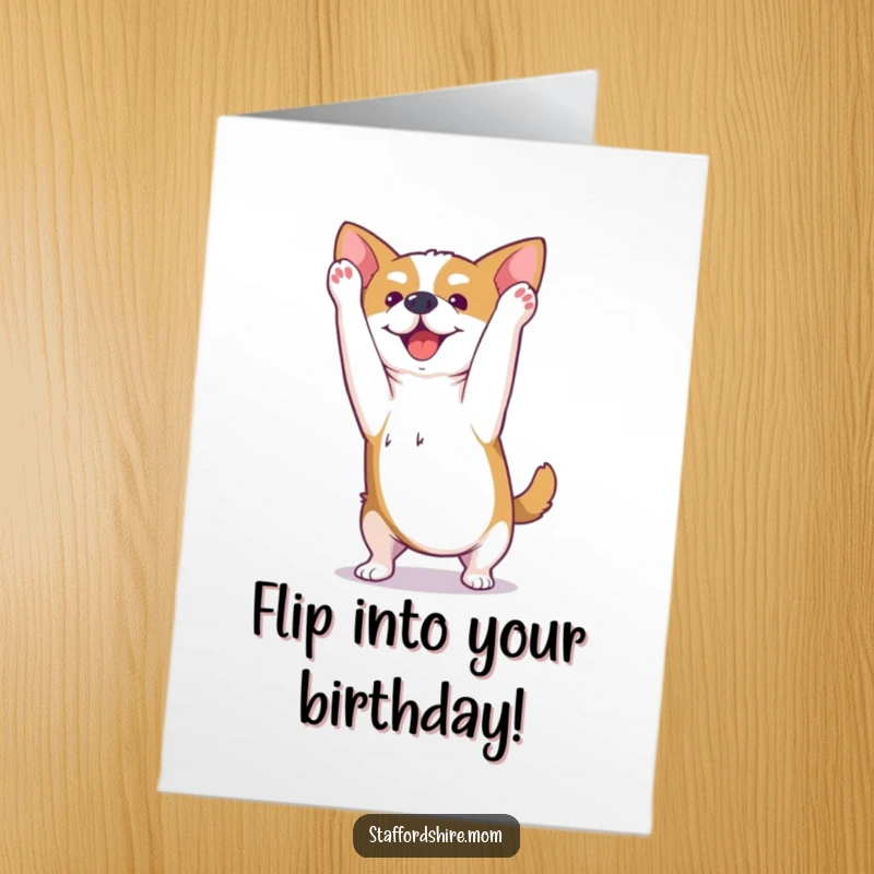 Funny free printable Kawaii Staffordshire dog card doing a happy somersault, perfect for a birthday surprise.