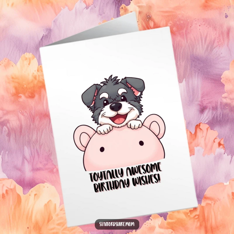 Funny Free Printable Birthday Card: A happy Staffordshire peeking over the top of a huge plush toy with curious, sweet eyes.