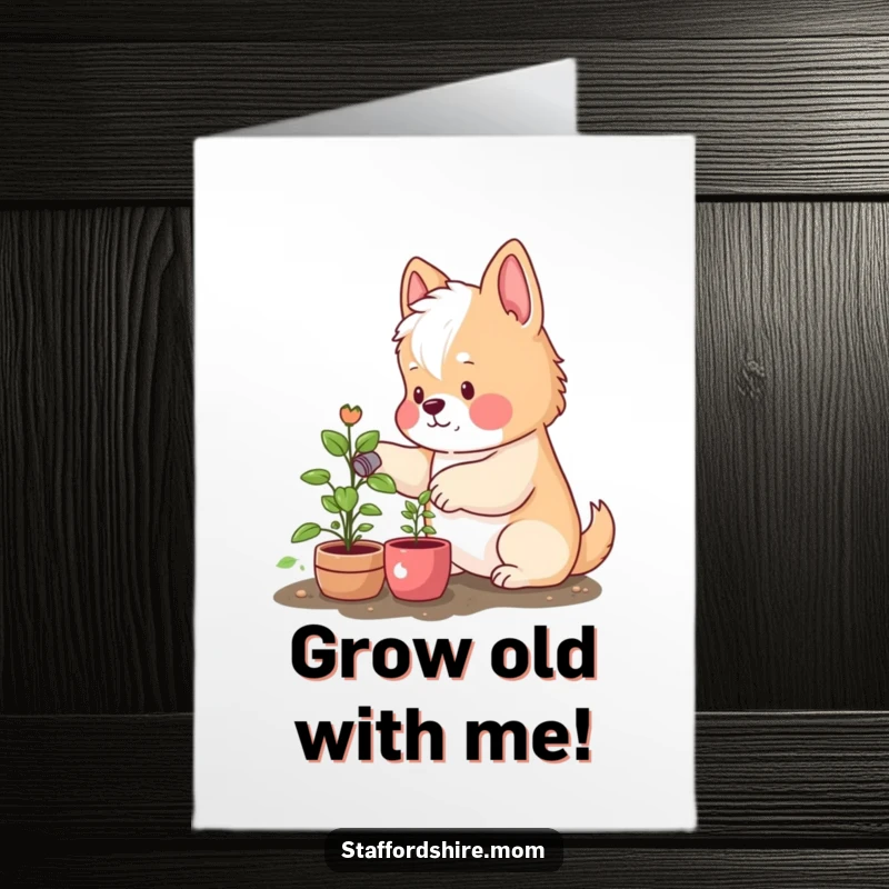Funny Free Printable Birthday Card: A rosy-cheeked Staffordshire happily waters a small green plant, symbolizing growth and smiles.