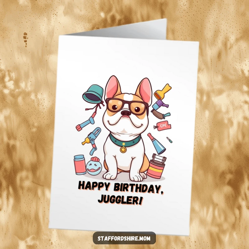 Funny Free Printable Birthday Card: A Staffordshire bull terrier precariously balancing too many items on its head.