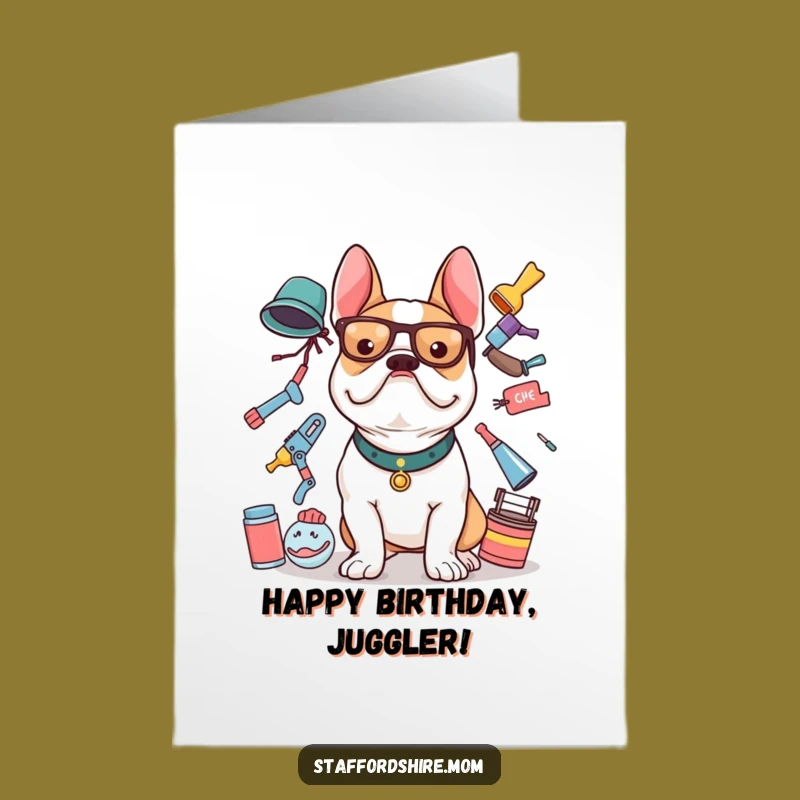 Free Printable Birthday Card: Bull Terrier Juggle Fail - Funny Downloadable Greeting