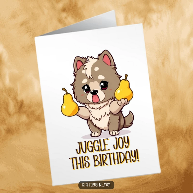 Funny Free Printable Birthday Card: A determined Staffordshire juggles three glowing pears, adding a surreal touch to birthday wishes.