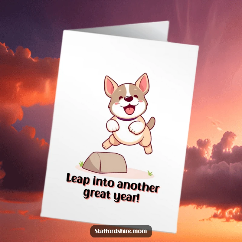 Funny Free Printable Birthday Card: Kawaii Staffordshire dog joyfully leaping over a small obstacle with great energy.