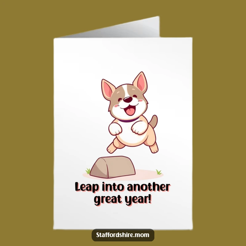 Free Printable Birthday Card: Action Kawaii Staffordshire Dog Leap for a Fun Downloadable Gift