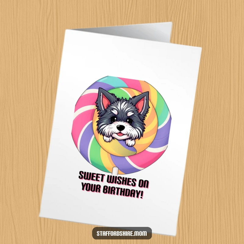 Funny Free Printable Birthday Card: Staffordshire dog peeking from behind a giant lollipop, a sweet and silly downloadable.