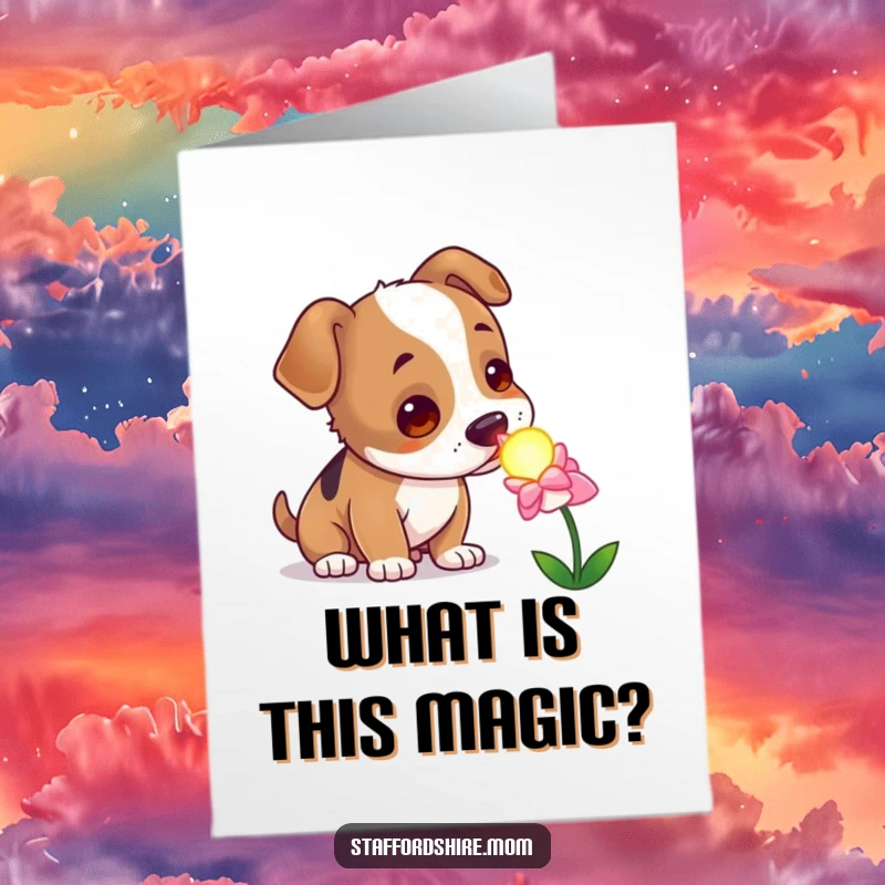 Free Printable Birthday Card featuring a curious Staffordshire dog sniffing a glowing, magical flower with intrigue and wonder.