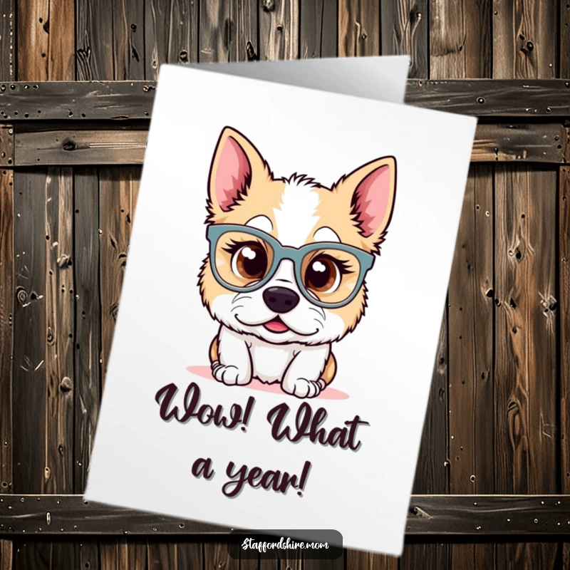 Funny Free Printable Birthday Card: Kawaii Staffordshire dog wearing oversized glasses, looking genuinely surprised and a bit bewildered.