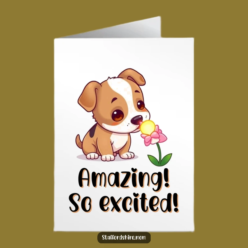 Free Printable Congrats Card: Curious Staffy & Glowing Flower Gift