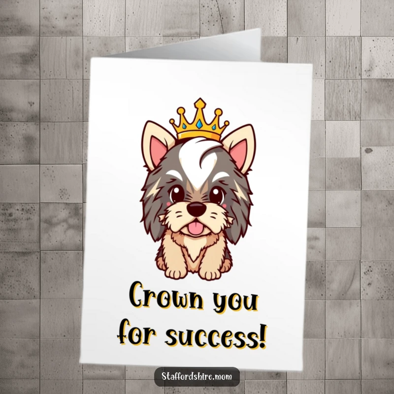Funny Free Printable Congratulations Card: A crowned Staffordshire beams with pride, celebrating success with regal humor.