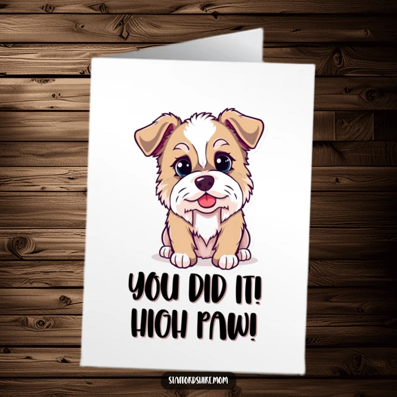 Free Printable Congratulations Card: Kawaii Staffordshire Dog giving a sly grin, perfect for any achievement