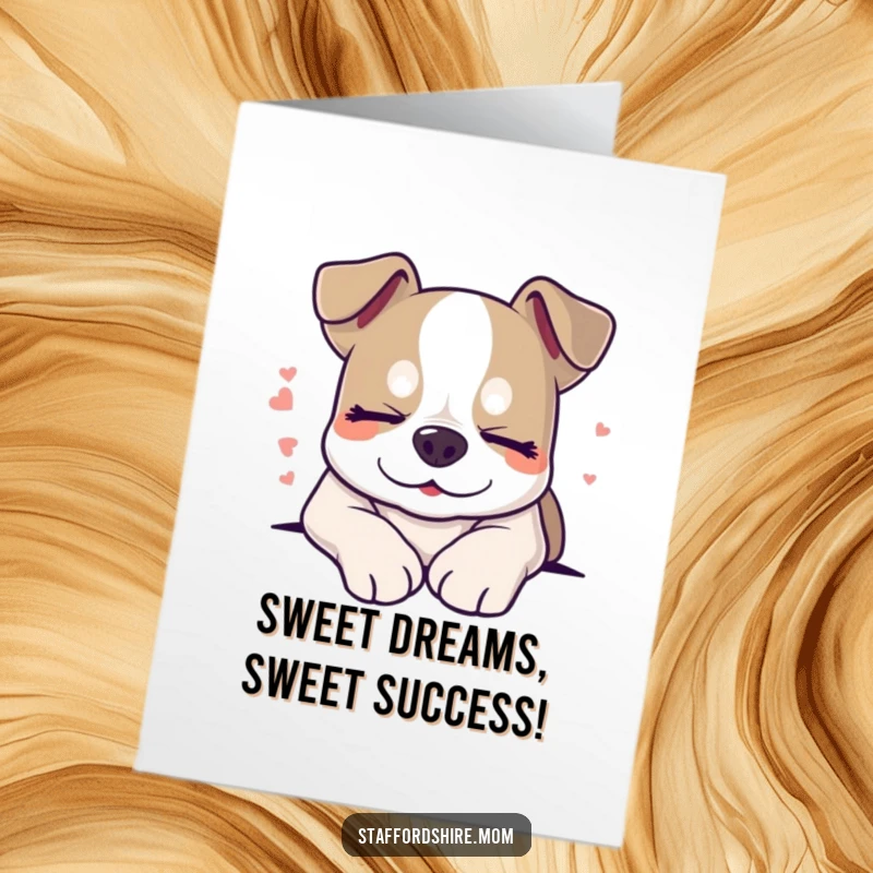 Free Printable Congratulations Card with a sleepy Staffordshire dog smiling peacefully while dreaming, perfect for celebrating calm achievements.