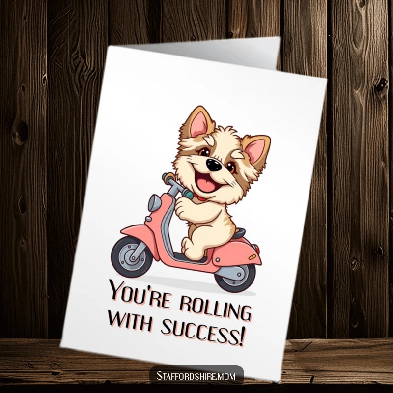 Funny Free Printable Congratulations Card: A giggling Staffordshire with large paws joyfully riding a scooter, signifying victory.
