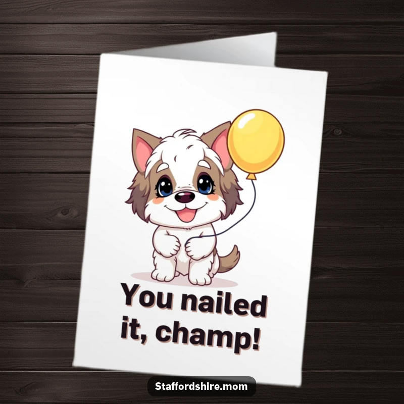 Funny Free Printable Congratulations Card: Goofy Staffordshire holding a balloon, conveying excitement and celebration for an achievement.