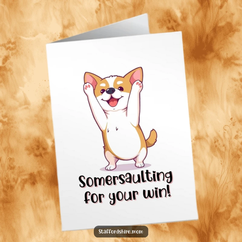 Funny free printable Kawaii Staffordshire dog card performing a happy somersault, celebrating a fantastic accomplishment.