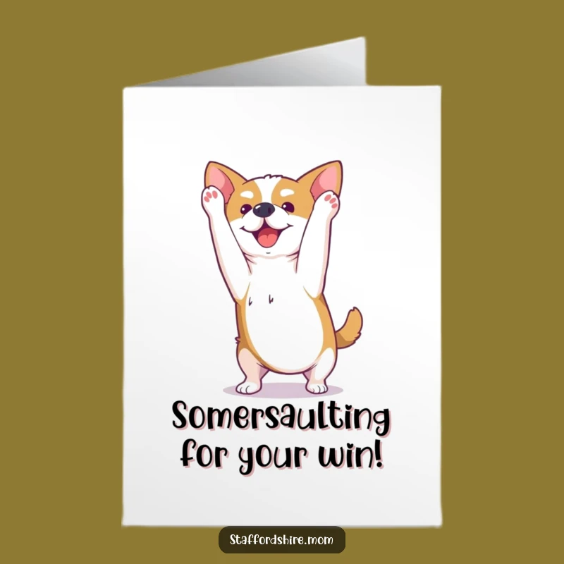 Free Printable Kawaii Staffy Congrats Card: Somersault Celebration, Joyful Digital Download!