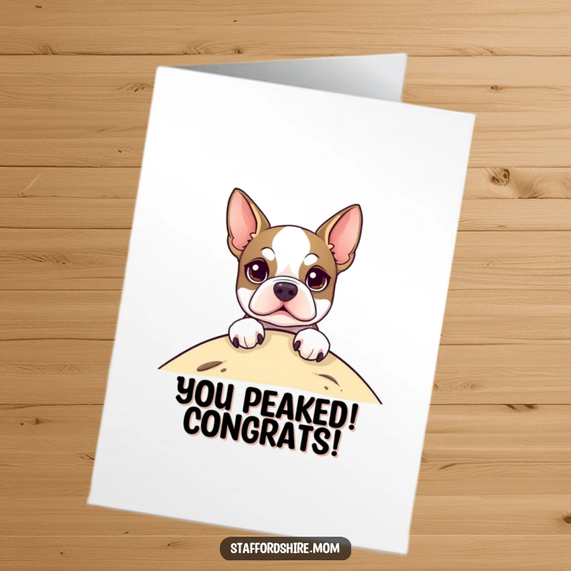 Funny Free Printable Congratulations Card showing a happy Staffordshire Terrier with wide eyes peeking over a scenic hill.
