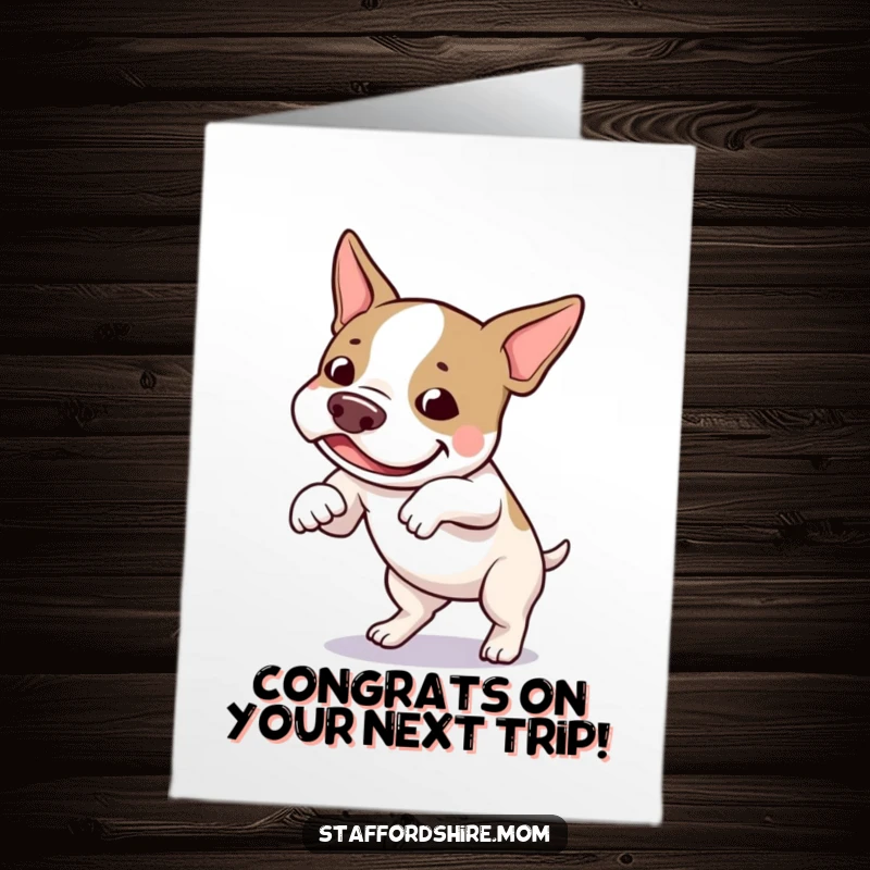 Funny Free Printable Congrats Card: A silly Staffordshire bull terrier caught mid-trip, looking quite pleased.