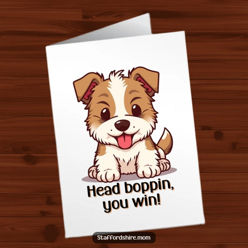 Funny free printable Kawaii Staffordshire dog card, head bouncing with joy, celebrating a wonderful achievement with zest.