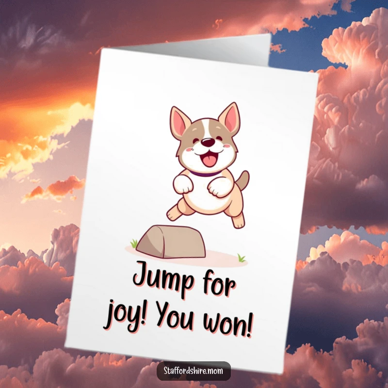 Funny Free Printable Congratulations Card: Kawaii Staffordshire dog mid-air, leaping energetically over a tiny obstacle.