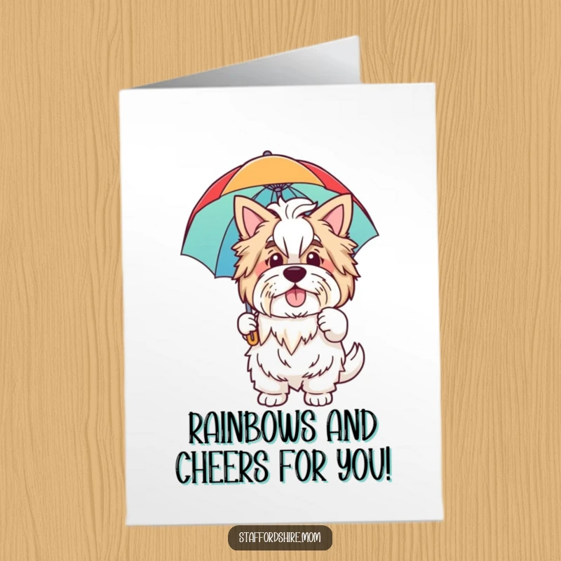 Funny Free Printable Congratulations Card: A happy Staffordshire waves happily, holding a bright rainbow umbrella, celebrating good times.