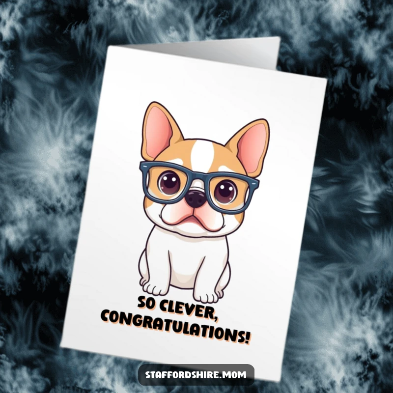 Funny Free Printable Congratulations Card: A funny Staffordshire terrier peers through large glasses, looking inquisitively at the camera for your congrats.