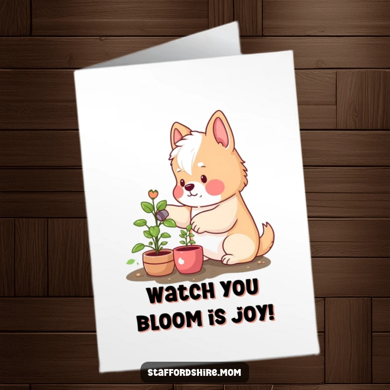 Funny Free Printable Congratulations Card: A Staffordshire with rosy cheeks lovingly waters a small, thriving plant, celebrating achievement.