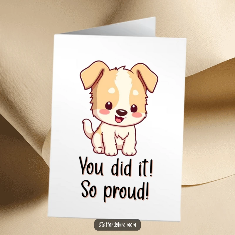Funny Free Printable Congratulations Card: Adorable Staffordshire dog with floppy ears joyfully wagging its tail, a cheerful downloadable.