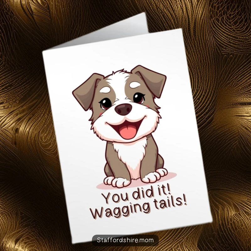 Funny Free Printable Congratulations Card: Kawaii Staffordshire dog beaming with a wide, joyful smile, celebrating success.