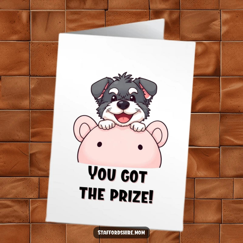 Funny Free Printable Congratulations Card: A happy Staffordshire peeking over a large plush toy, conveying playful surprise and delight.
