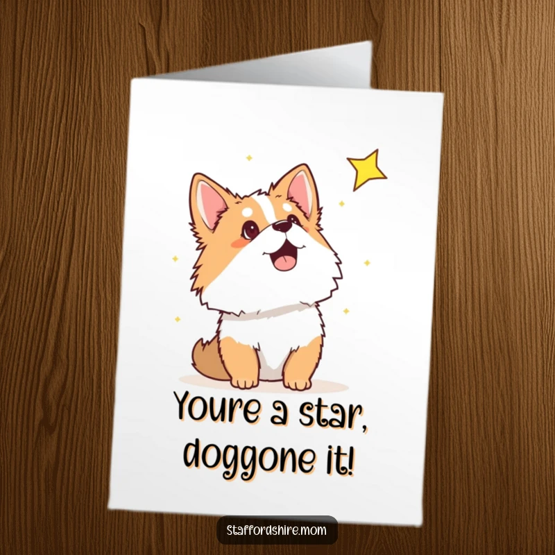 Funny Free Printable Congratulations Card: Staffordshire marveling at a shooting star, celebrating a wish come true.