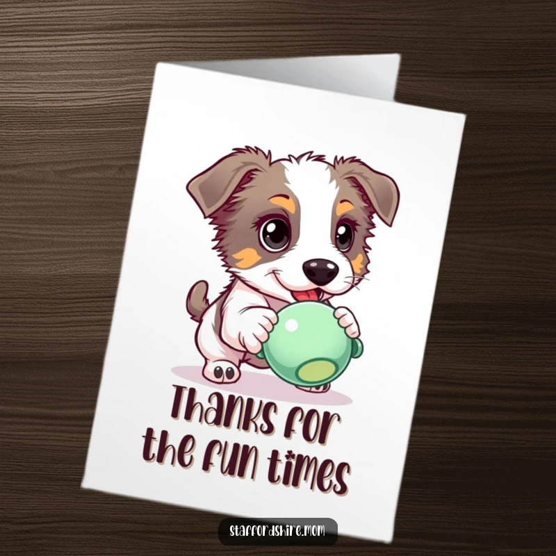 Funny Free Printable Thank You Card: A Staffordshire dog with bright, eager eyes laser-focused on chasing a squeaky toy, full of playful intent.