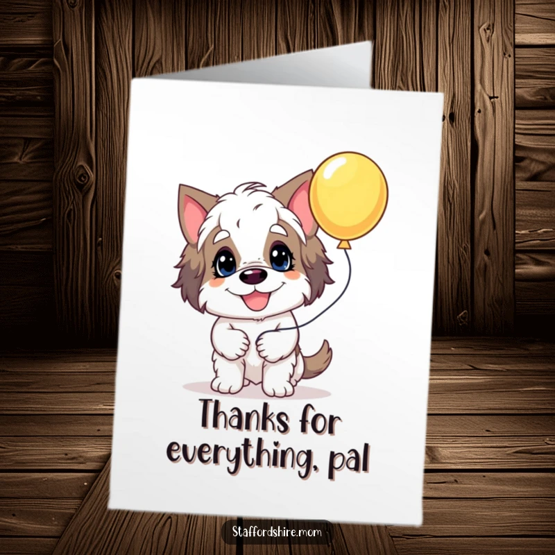 Funny Free Printable Thank You Card: Goofy Staffordshire dog smiling with a balloon, perfect for expressing heartfelt thanks.
