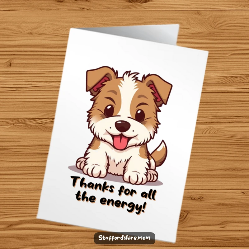Funny free printable Kawaii Staffordshire dog card, head bouncing with energy, showing sincere gratitude in a unique way.