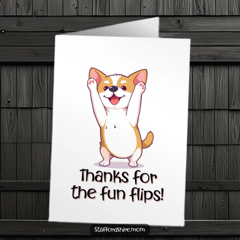 Funny free printable Kawaii Staffordshire dog card doing a happy somersault, expressing genuine thanks with a playful flair.