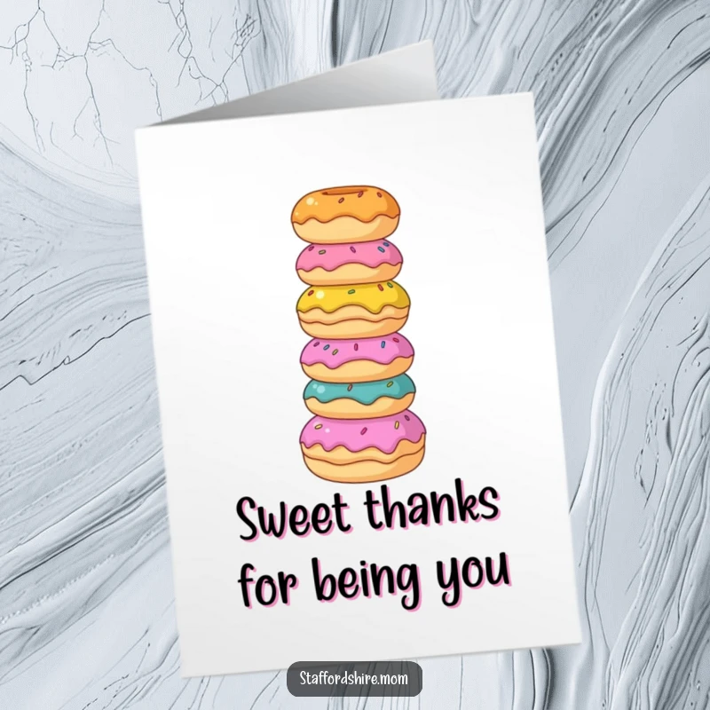Funny Free Printable Thank You Card: A Staffordshire dog balances a huge stack of brightly colored donuts, looking quite focused.