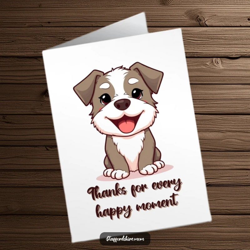 Funny Free Printable Thank You Card: Kawaii Staffordshire dog offering a big, happy smile to show gratitude.