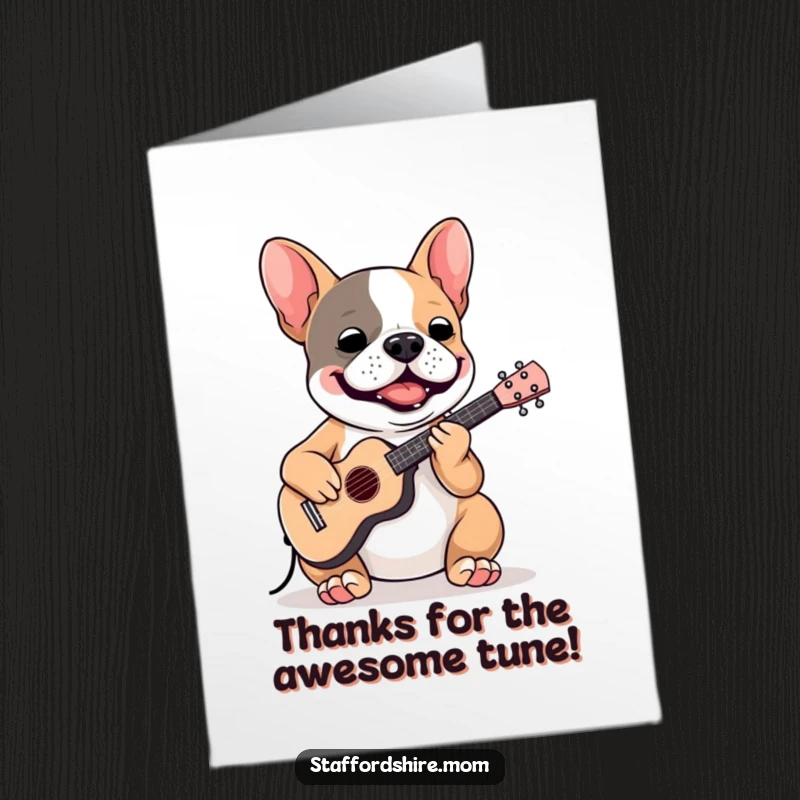 Funny Free Printable Thank You Card: A happy Staffy playing a miniature accordion with delightful, thankful melodies.
