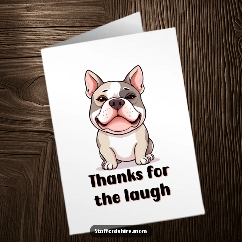 Funny Free Printable Thank You Card: A Staffordshire bull terrier pulling a funny silly face with crossed eyes.