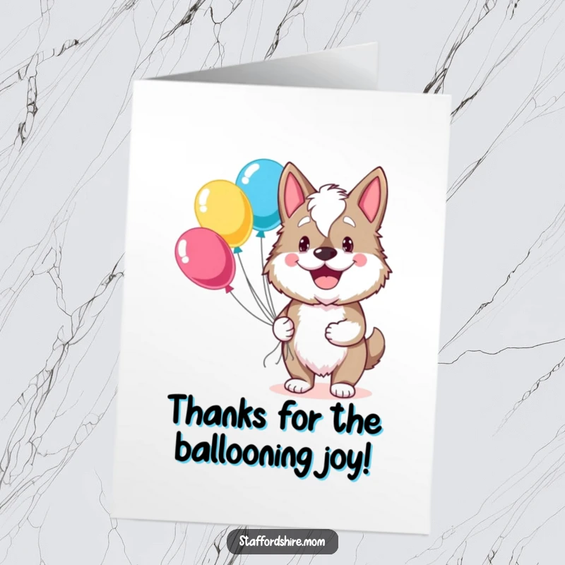 Funny Free Printable Thank You Card: A grinning Staffordshire holds a bouquet of balloons, showing happy appreciation.