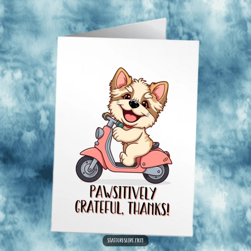 Funny Free Printable Thank You Card: A giggling Staffordshire with large paws riding a scooter, expressing thanks.