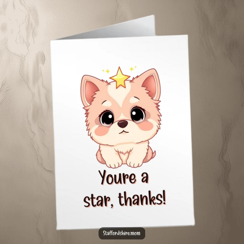 Funny Free Printable Thank You Card: A cute Staffordshire with wide eyes gazes at a twinkling star, a symbol of wonder.