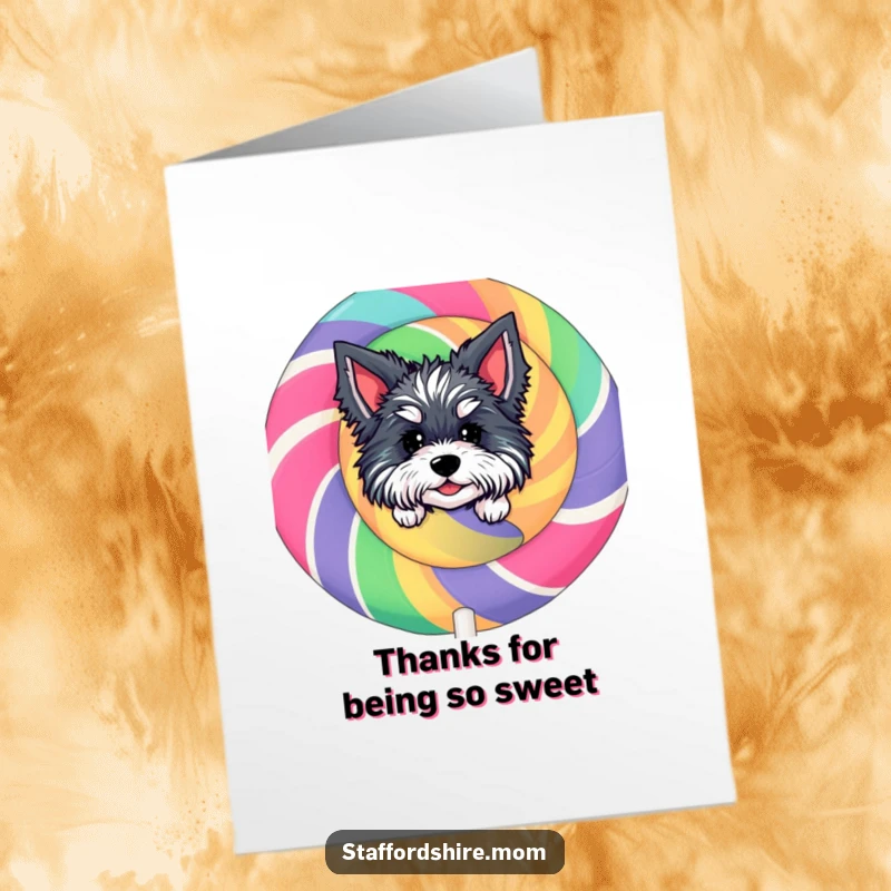 Funny Free Printable Thank You Card: Staffordshire dog peeking from behind a giant colorful lollipop, a sweet downloadable.