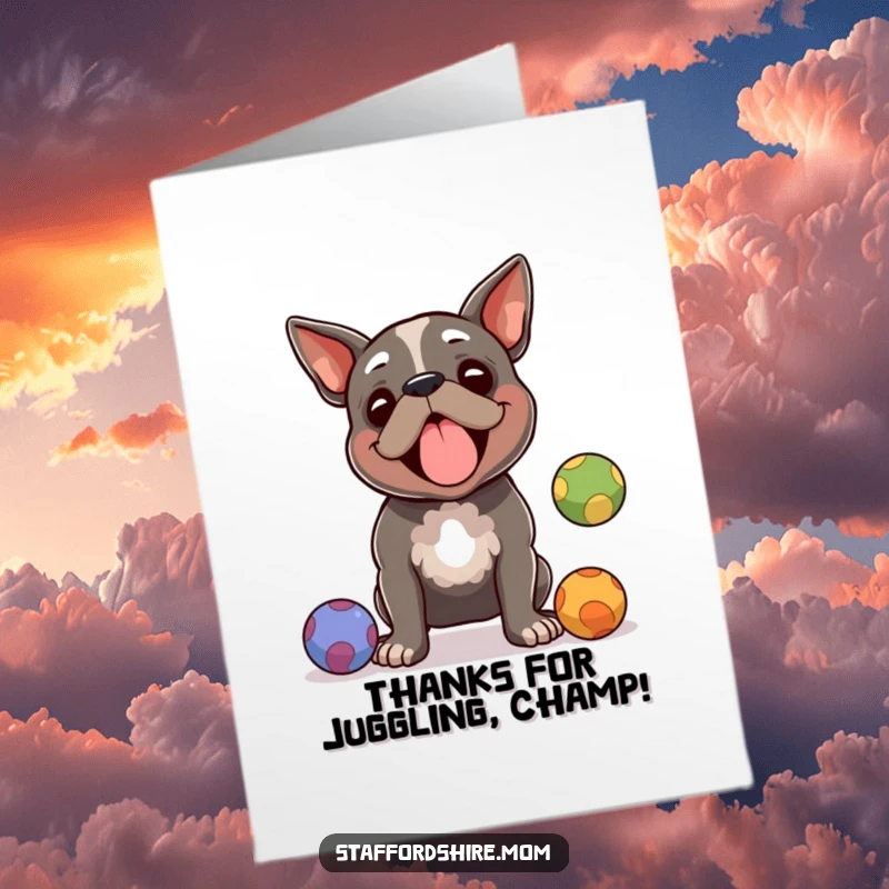 Funny Free Printable Thank You Card: A Staffordshire terrier juggling colorful balls with a happy, thankful expression.
